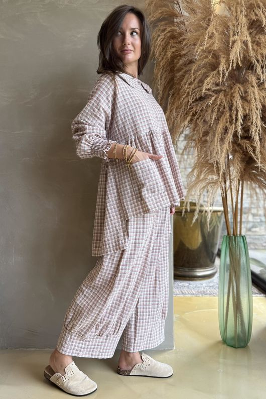 Annie Gingham Peter Pan Smock Blouse Antique Rose